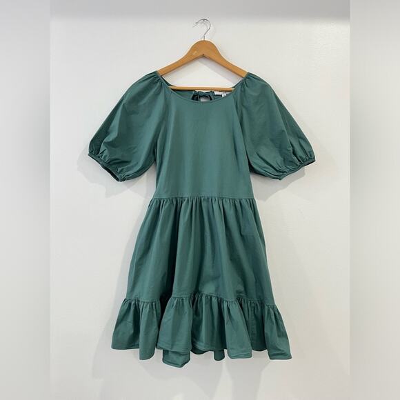Peter Som Collective Green Puff Sleeve Ruffled Hem Open Back Dress10 Tiered
